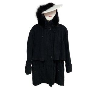 Nuage Womens Black Long Coat Removable Fur Hood Drawstring Waist Size Large​​